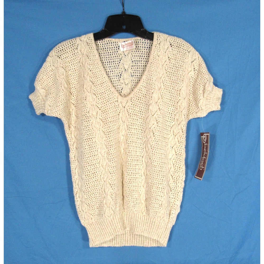 NWT VTG BELDOCH POPPER Beige OPEN WEAVE Short Sleeve COTTAGECORE Knit SWEATER S